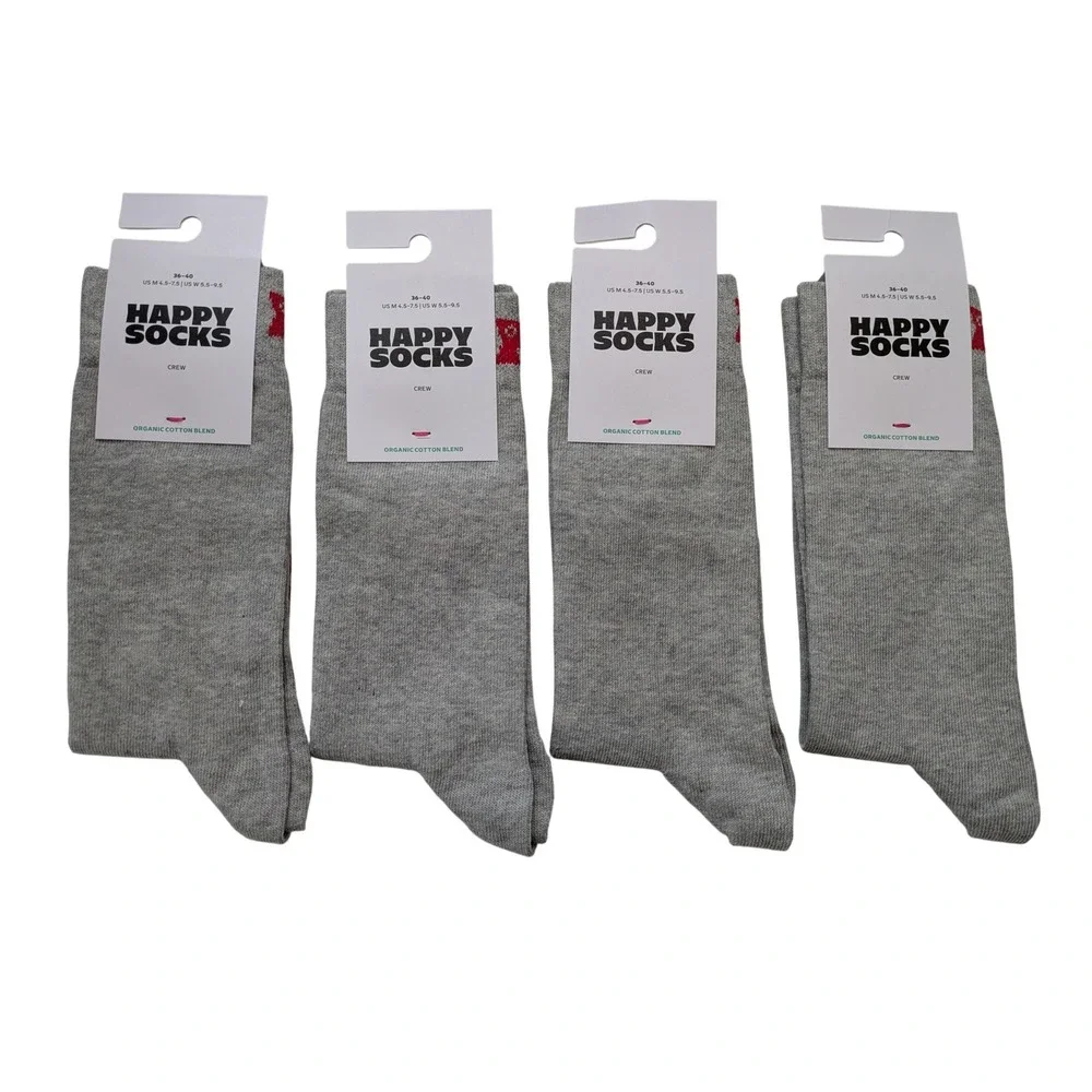 Happy Socks Solid Basic Crew 4 Pair Unisex 36-40 Gray Organic Cotton Blend NWT